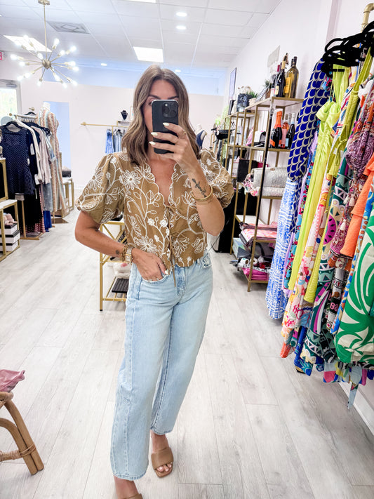 Mocha Floral Embroidered Tie-Front Top