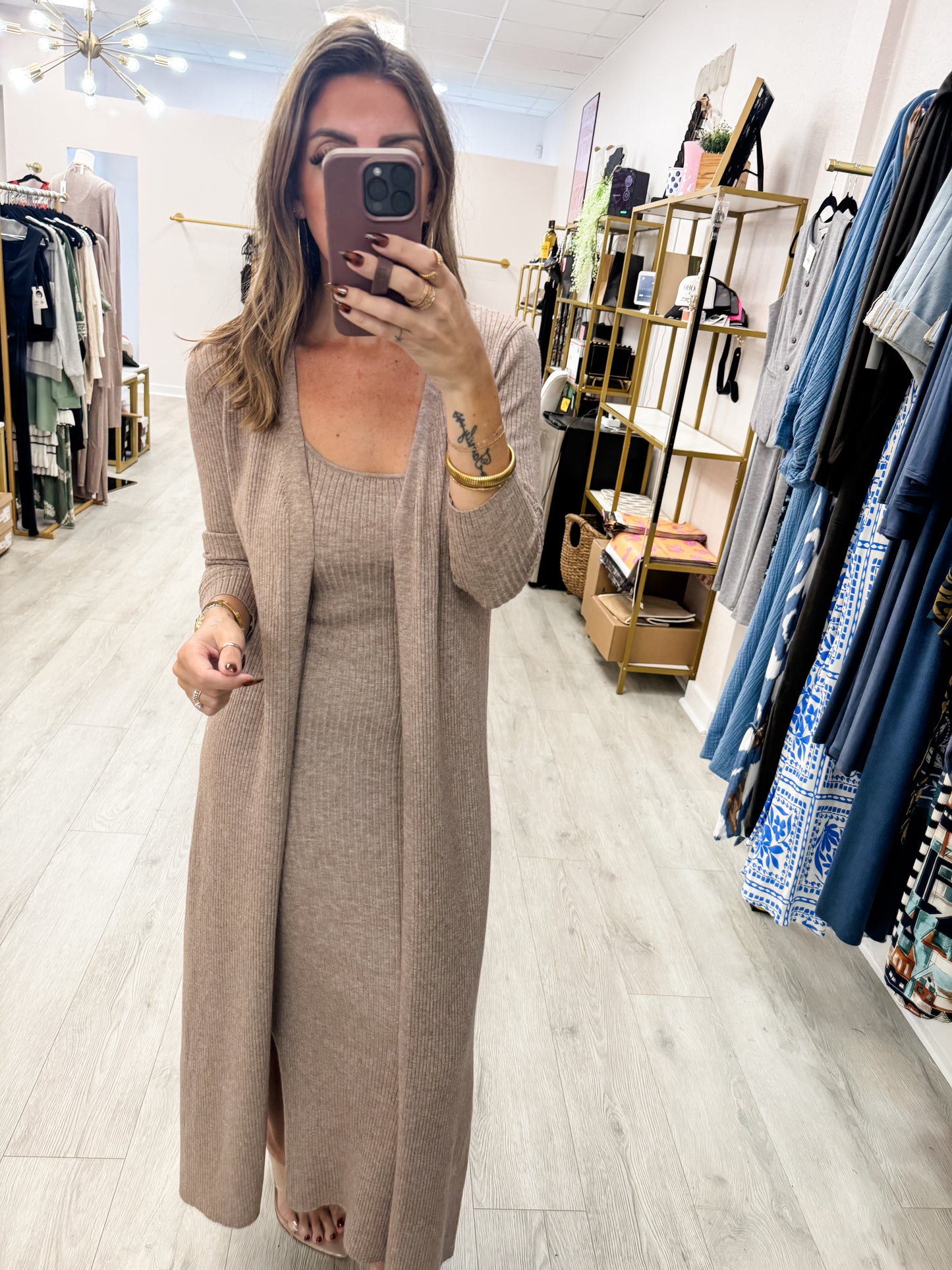 Taupe Ribbed Knit Dress & Cardigan SET
