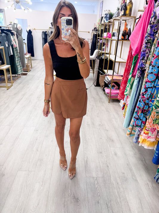 Brown Tailored Wrap Front Skort