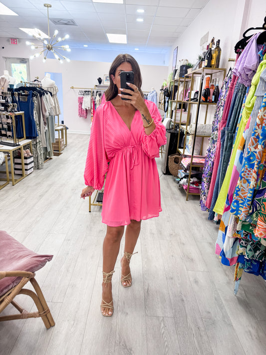 Bubble Gum Solid Deep V Neck Chiffon Bishop Sleeve Mini Dress