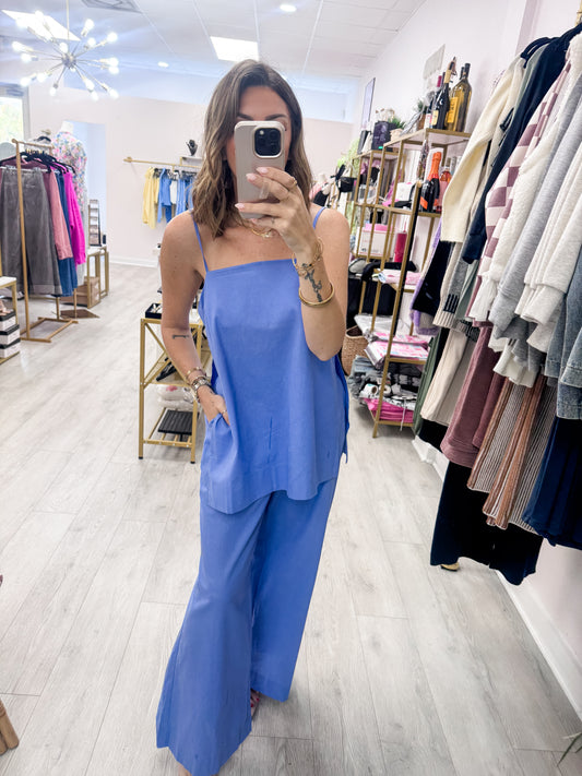 Periwinkle Blue Spaghetti Strap Top & Wide-Leg Pants Set