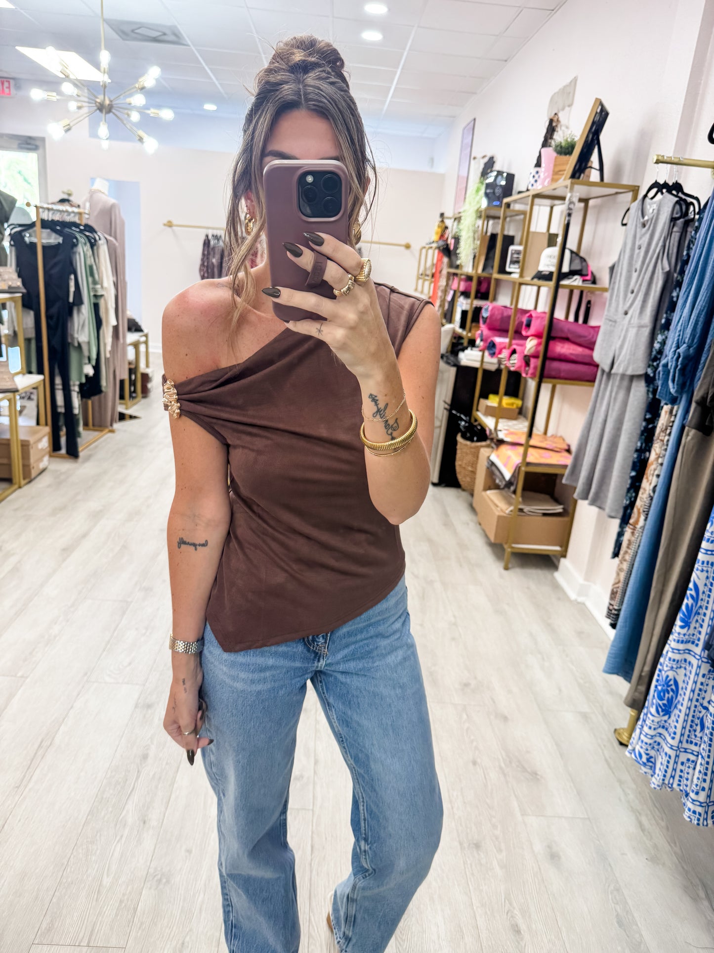 Brown One Shoulder Gold Trim Top