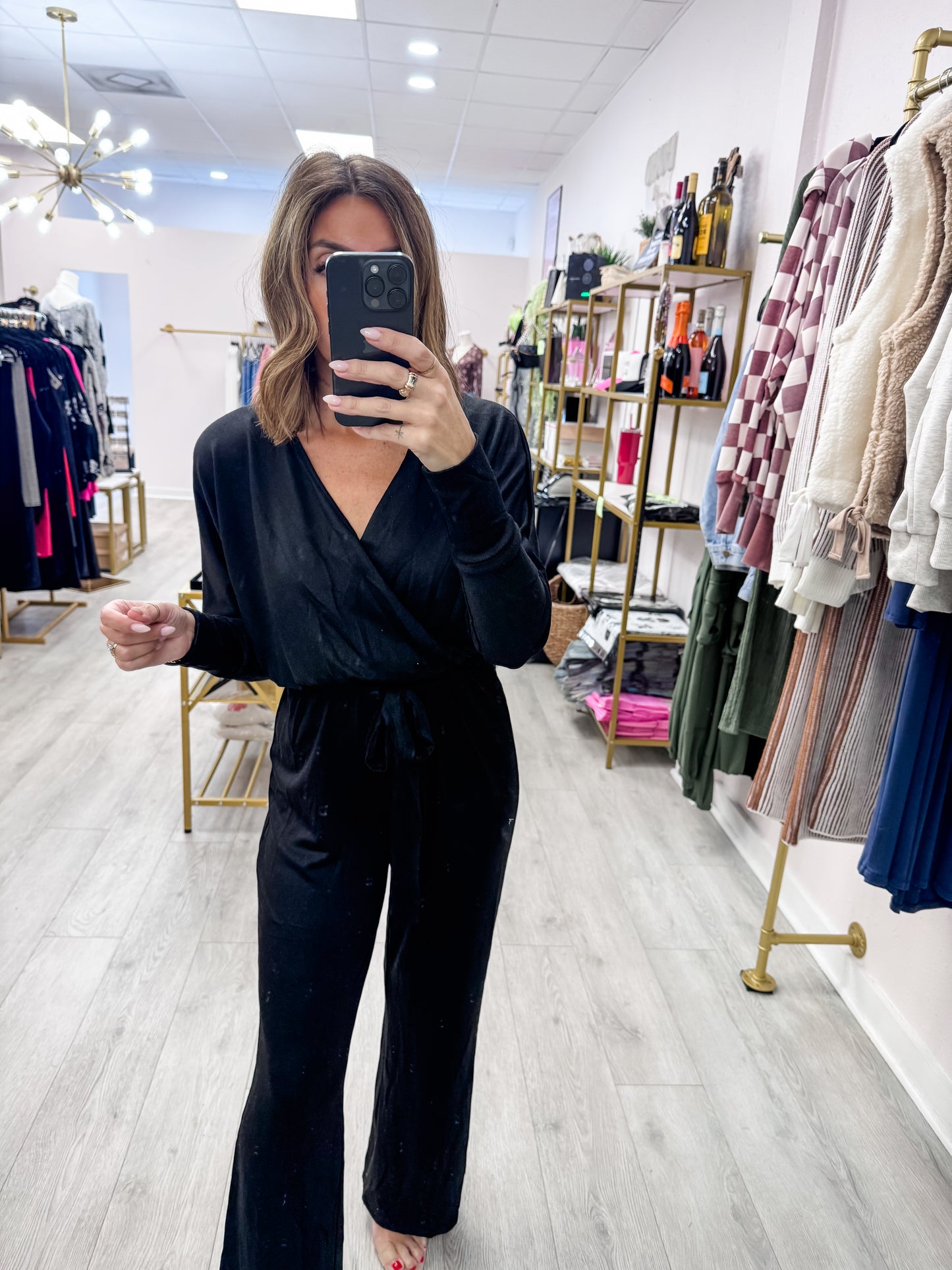 Black Surplice Tie-Belt Knit Jumpsuit