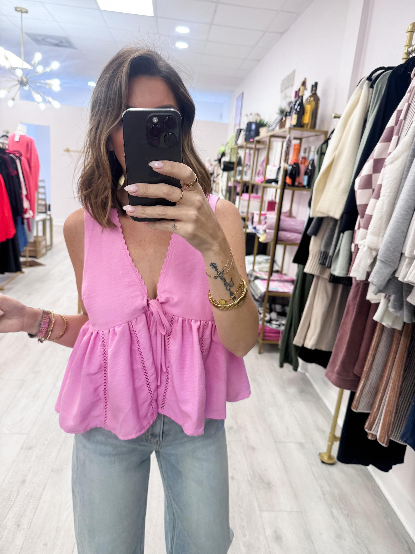 Fondant Pink Lace Trim Tie Front Top