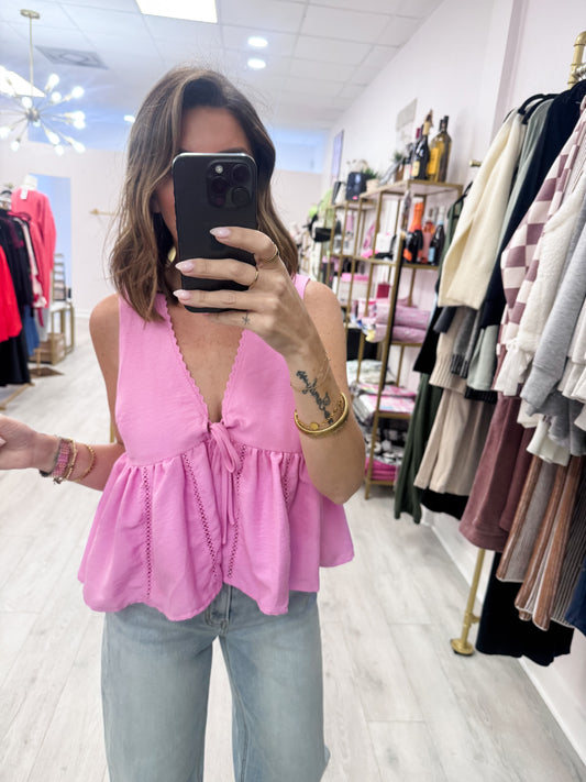 Fondant Pink Lace Trim Tie Front Top