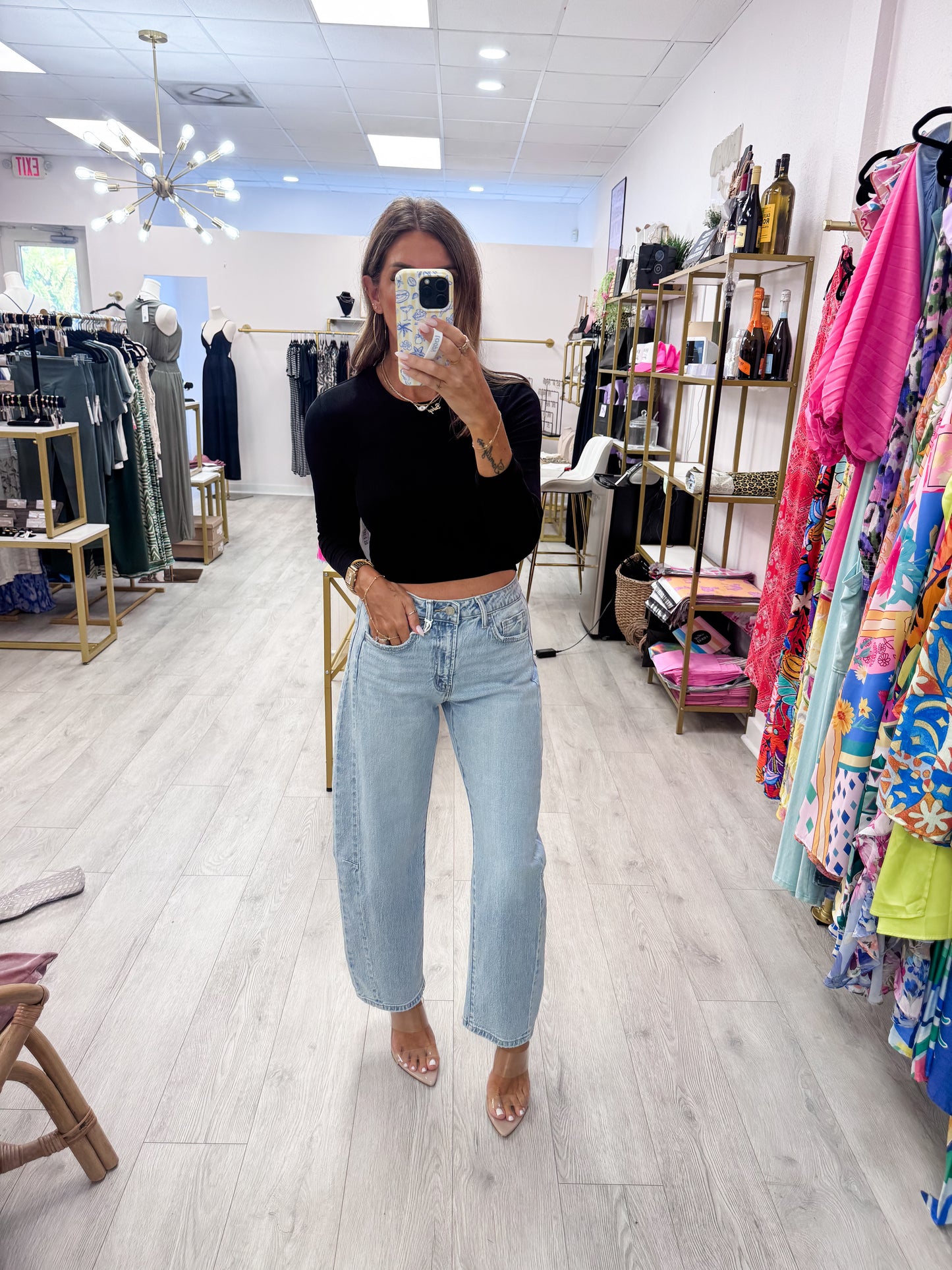 Black Essential Micro-Ribbed Long-Sleeved Cropped Top