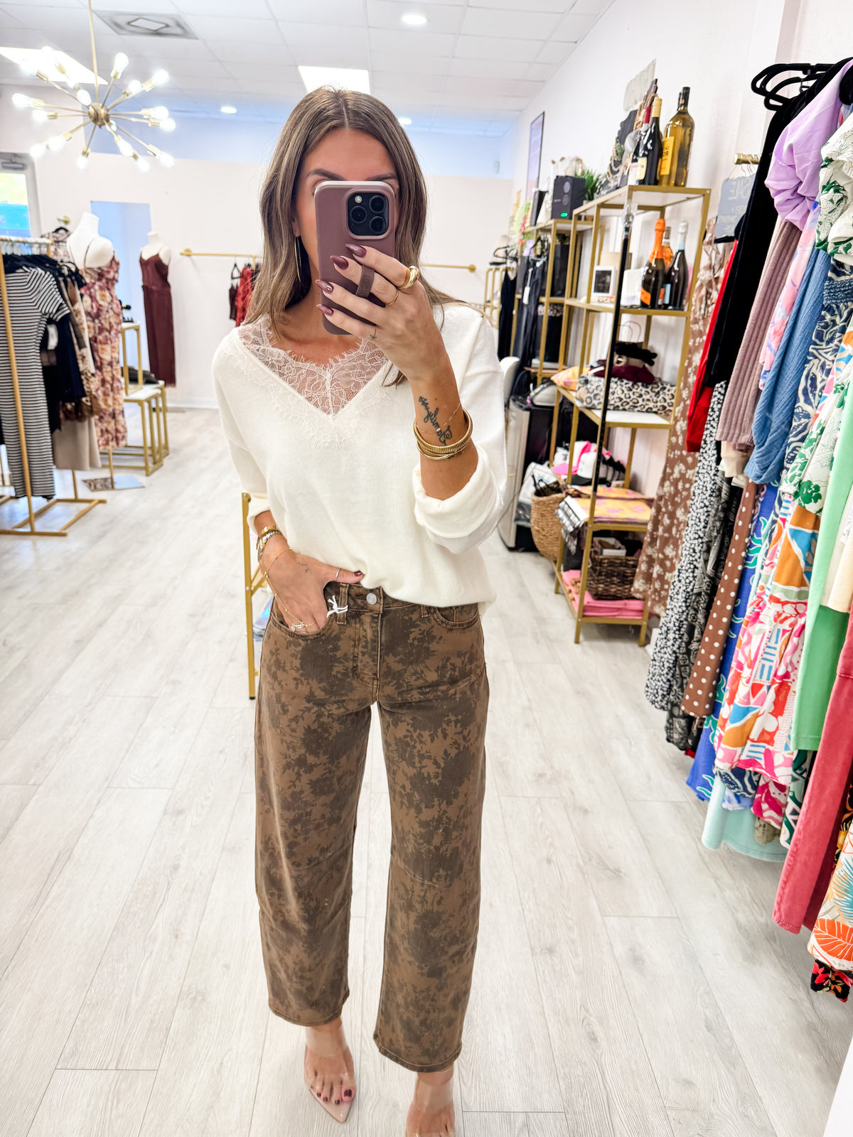 High Rise Brown Floral Vervet Denim