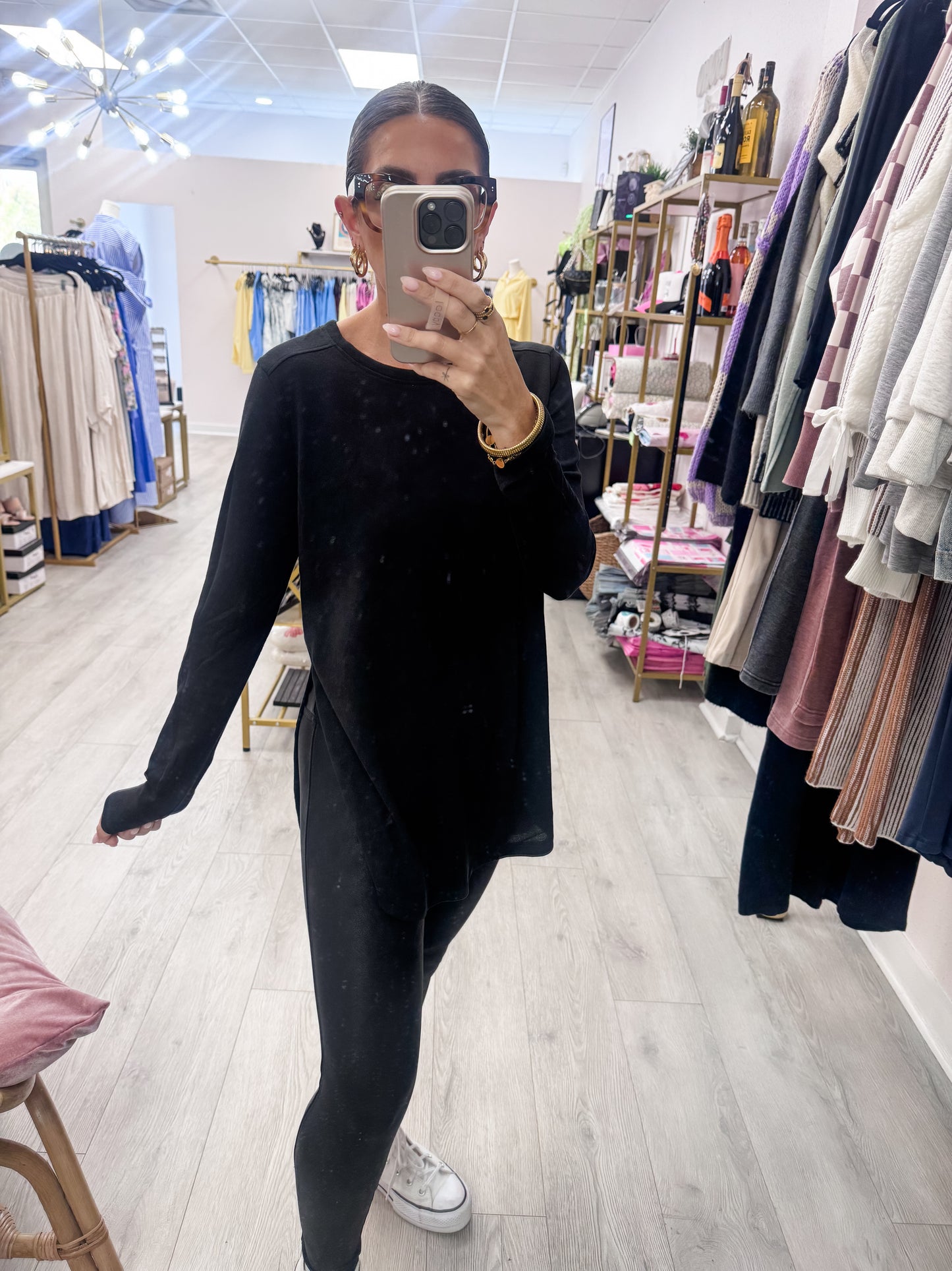 Black Long Sleeve Flow Top with Side Slit
