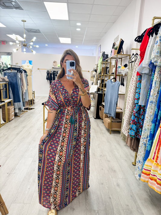 Bonfire Drawstring Cinched Waist Maxi Dress