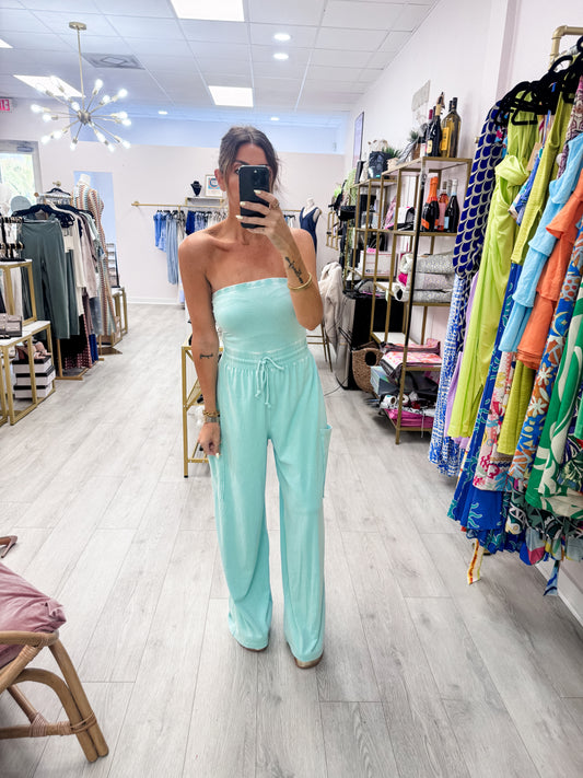 Mint Mineral Wash Strapless Wide-Leg Jumpsuit