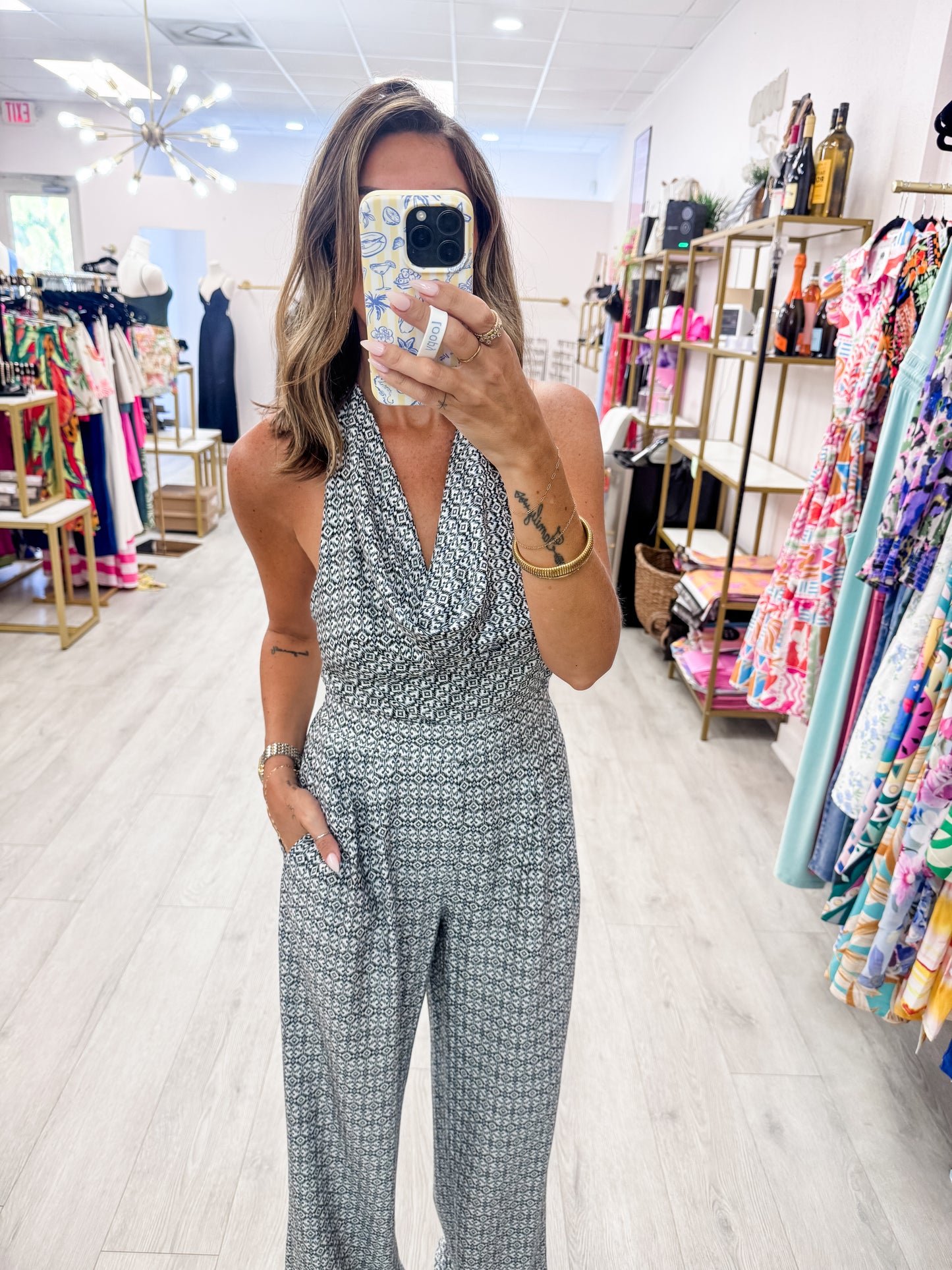 Black & White Cowl Neck Halter Open-Back Pant ST
