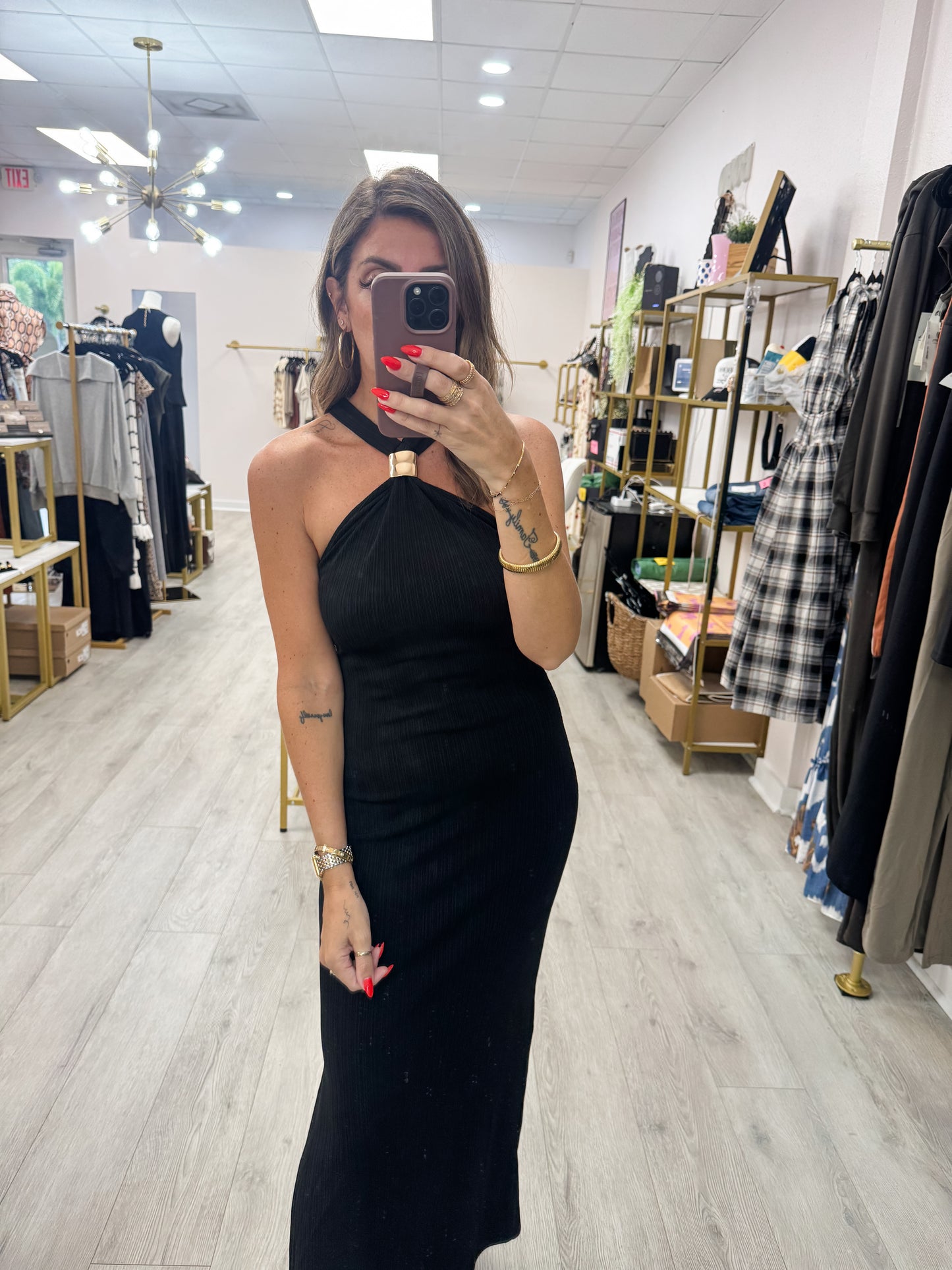 Gold Applique Halter Ribbed Dress