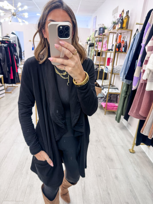 Black Fleece Lined Open Flowy Cardigan