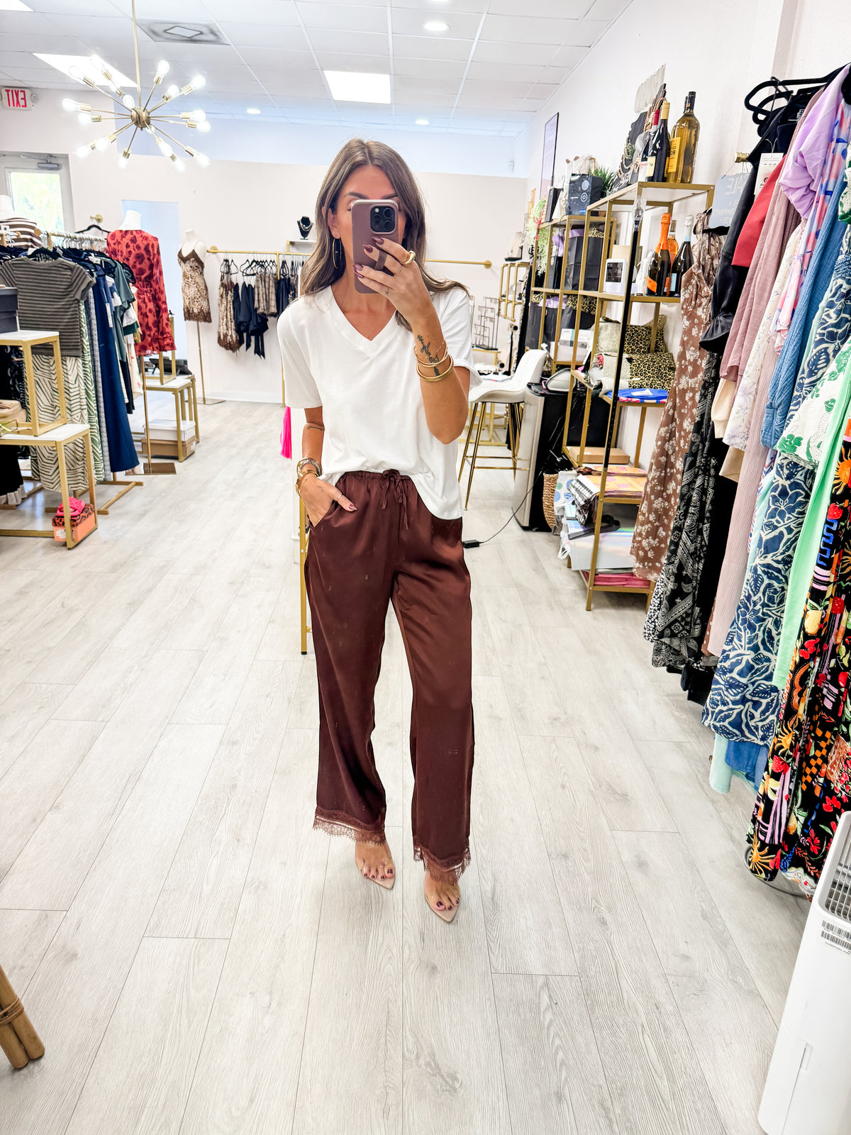 Brown Lace Trim Satin Wide Leg Pants