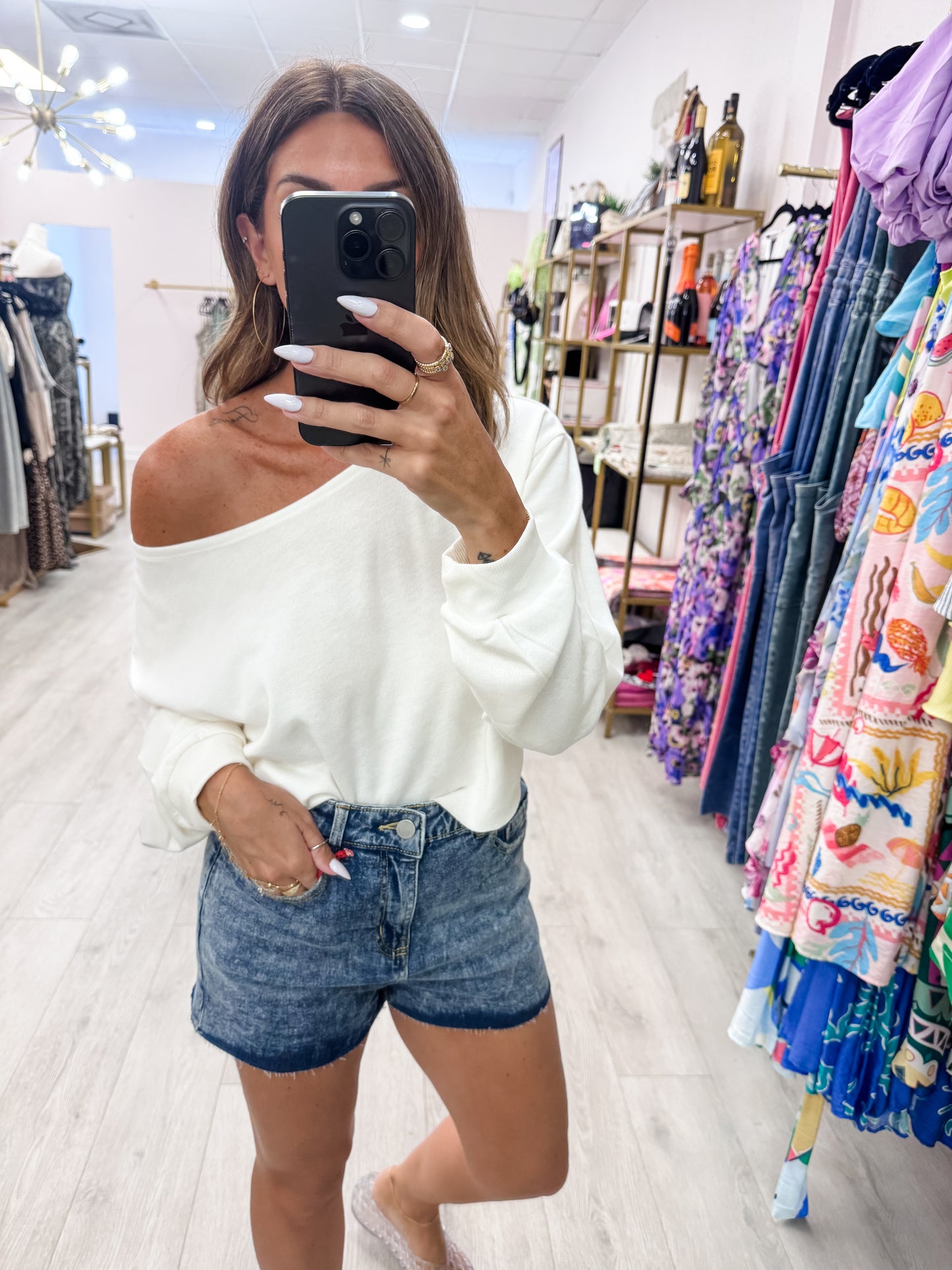 Whip Cream Boat Neck Long Sleeve Top