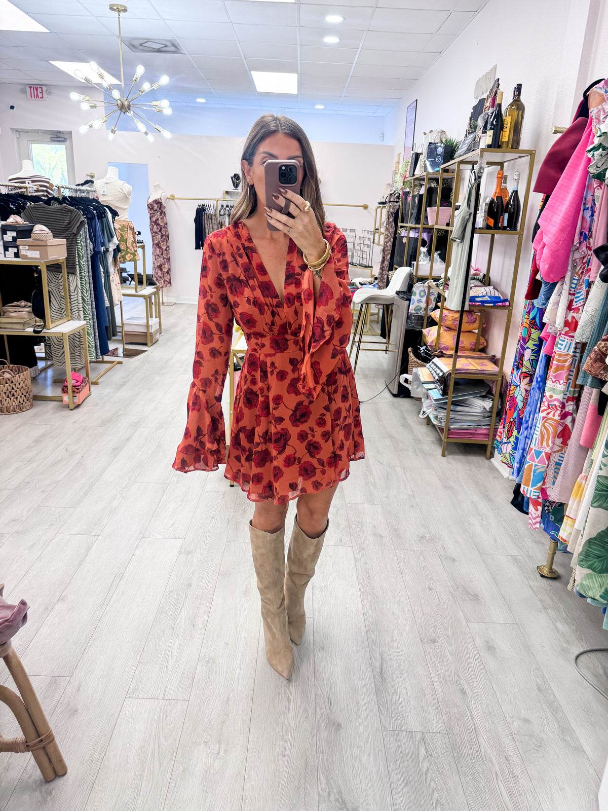 Red Rogue Floral Double Ruffled Sleeve Dress