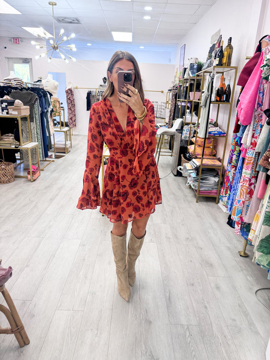 Red Rogue Floral Double Ruffled Sleeve Dress