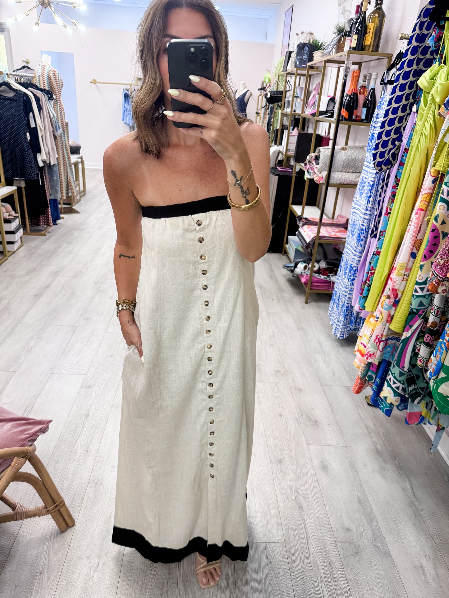 Oatmeal Strapless Button-Front Maxi Dress