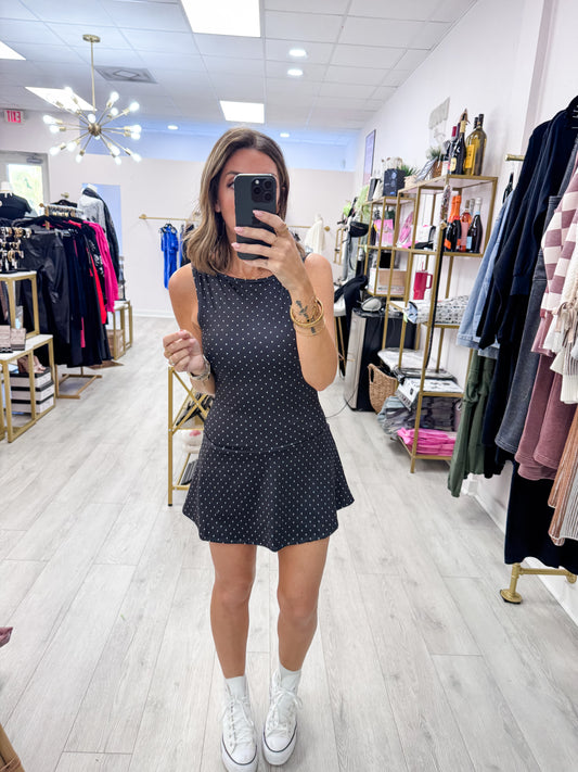 Black Polka Dot Print A-Line Mini Dress with Drop Waist
