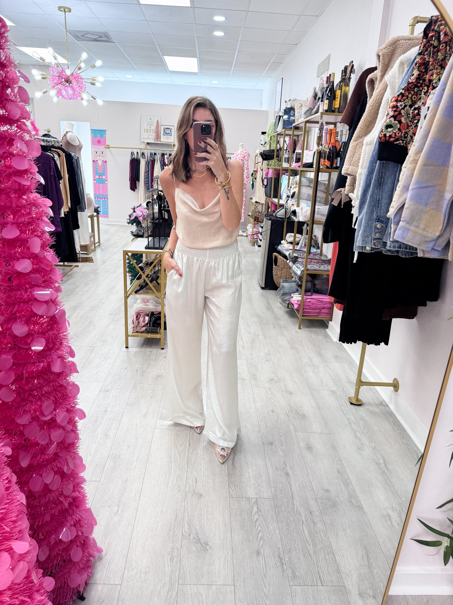 Champagne Foild Wide Leg Smocked Waist Pants