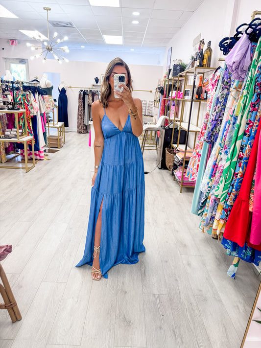 Chambray Drawstring Back Maxi Dress