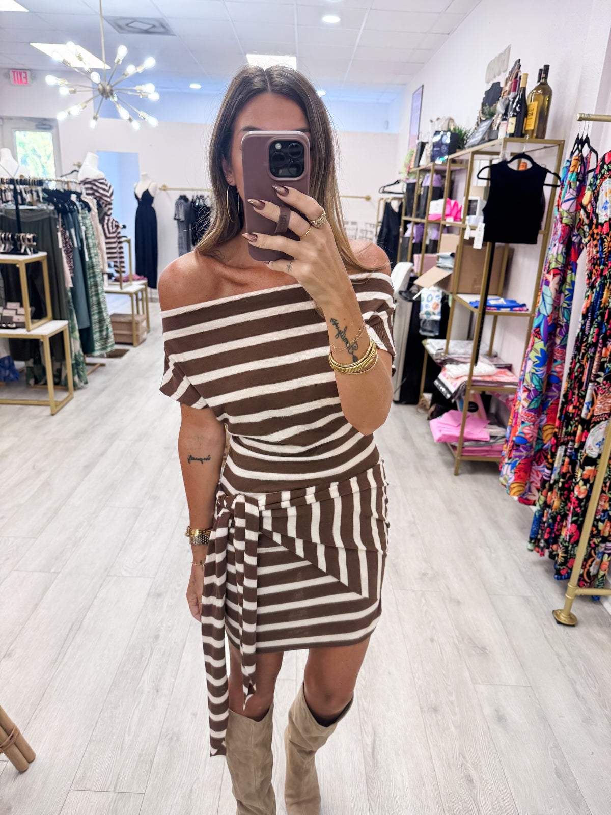 Brown Striped Tie Detail Dress