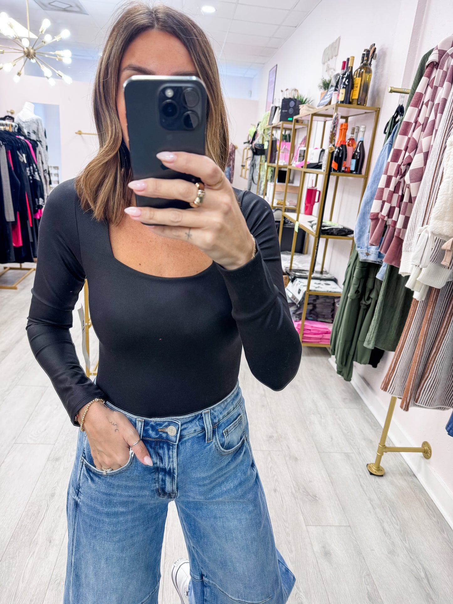 Black Long Sleeve Square Neck Bodysuit