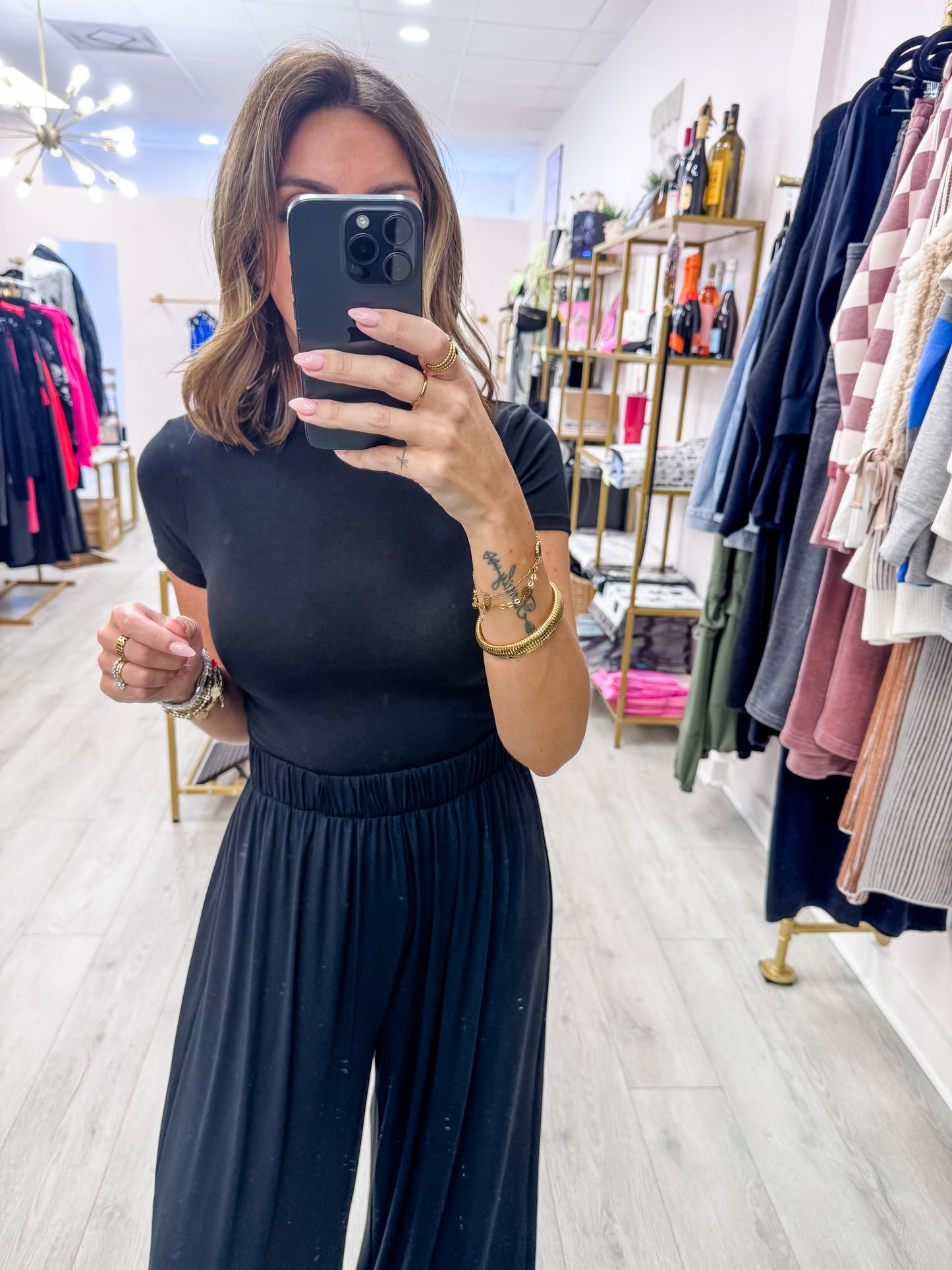 Black Short Sleeve Top & Wide Leg Pants Set