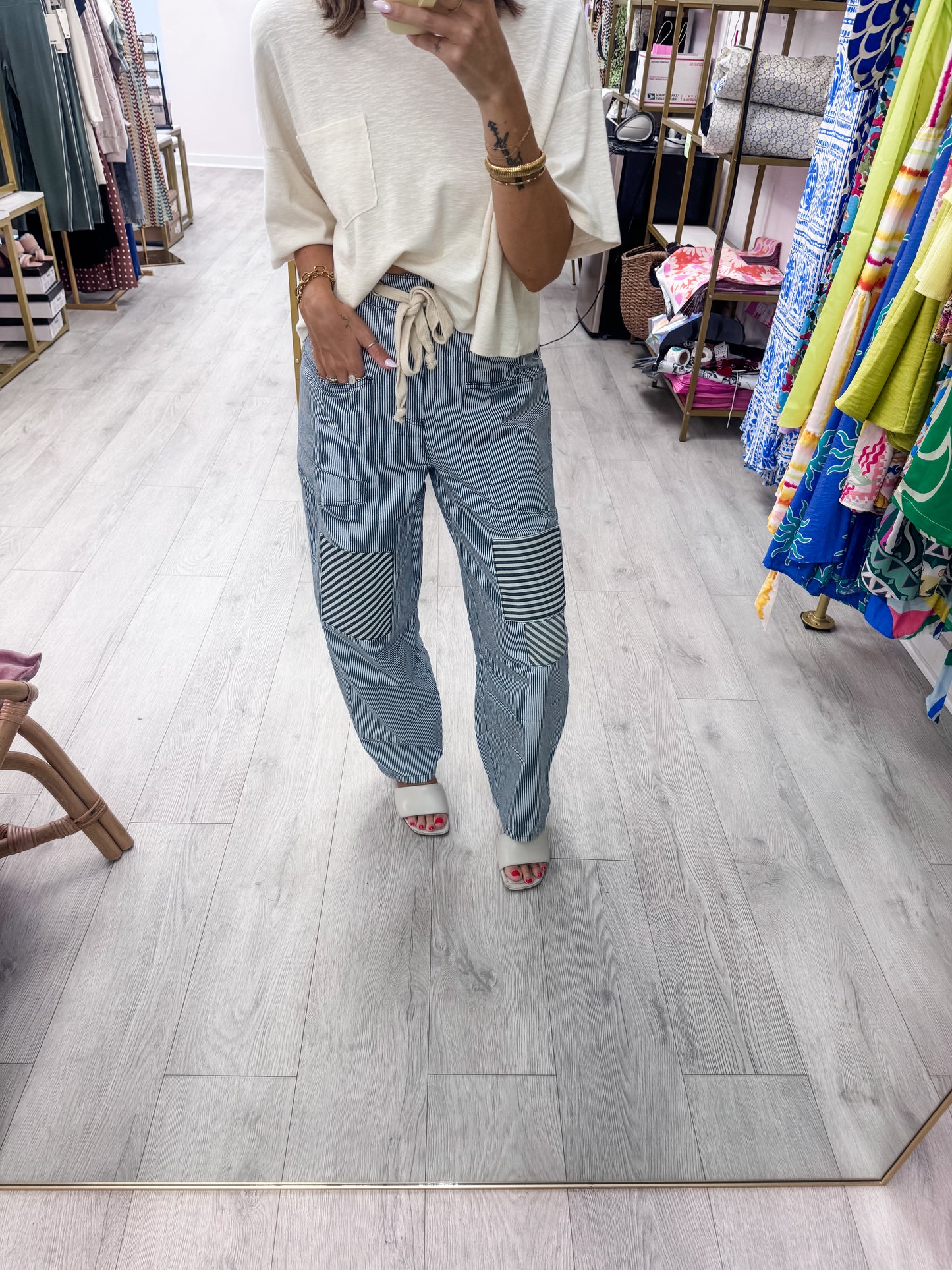 Washed Denim Relaxed Striped Drawstring Pants