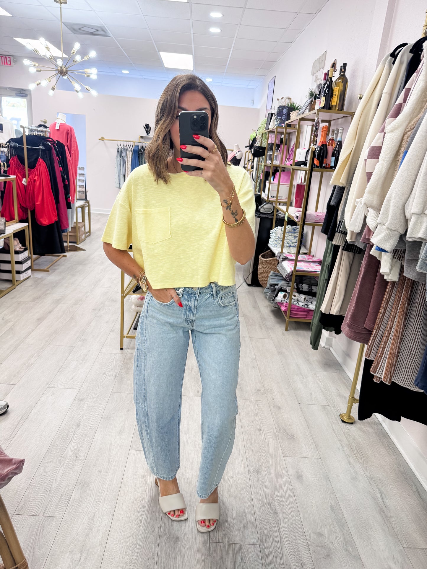 Butter Yellow Boxy Crew Neck Top With Pocket