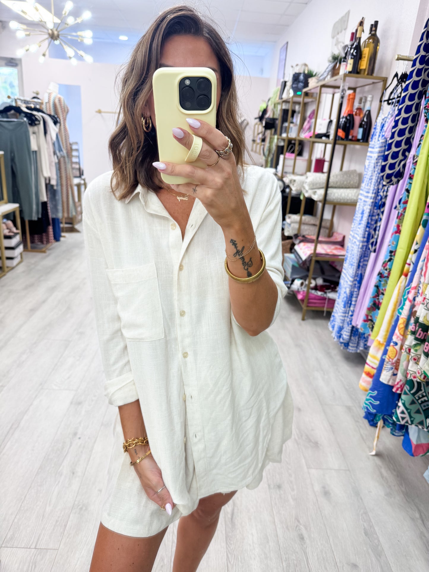 Oatmeal Button Down Top & Flowy Shorts Set