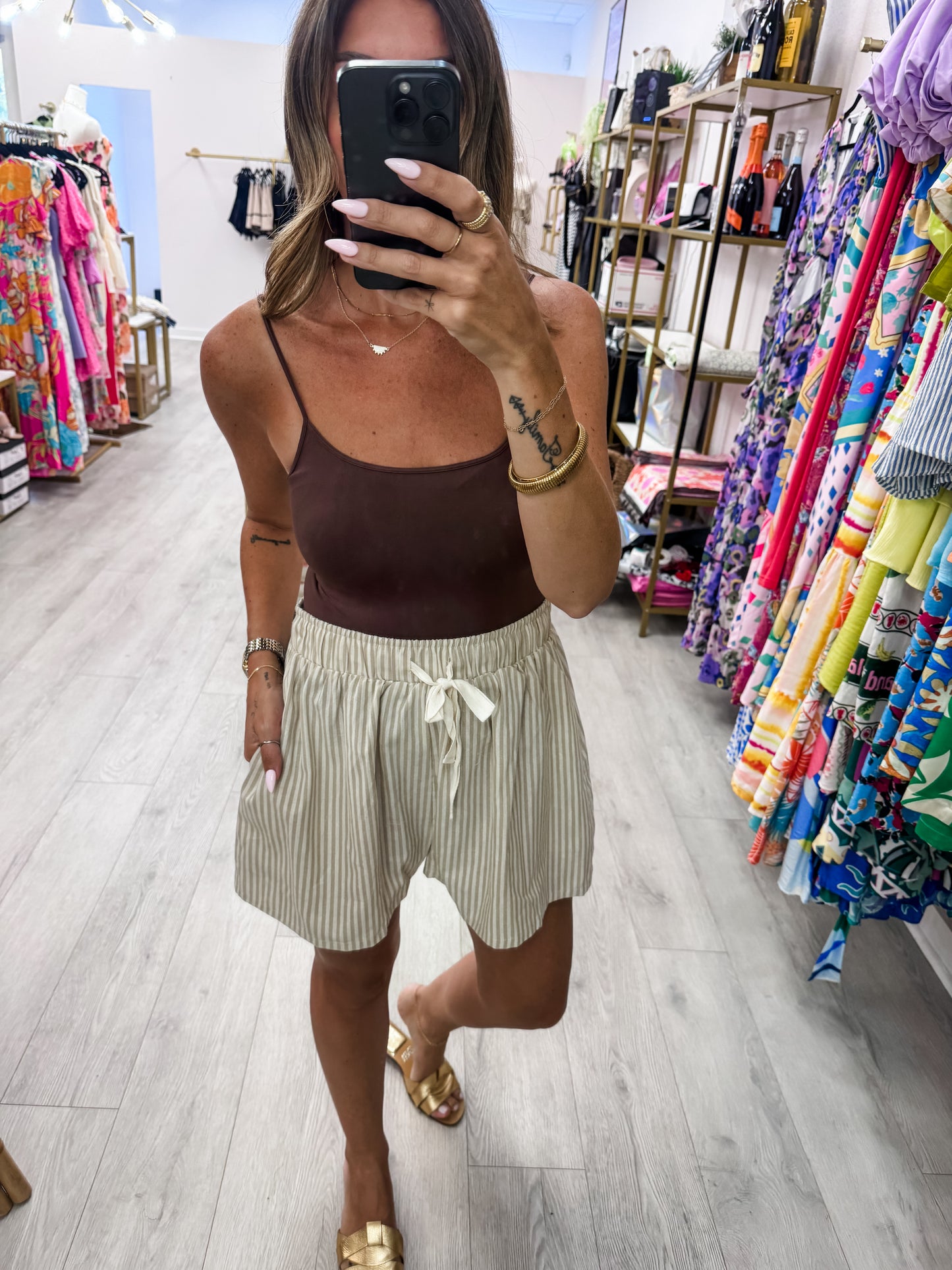 Taupe Striped Elastic Waist Shorts
