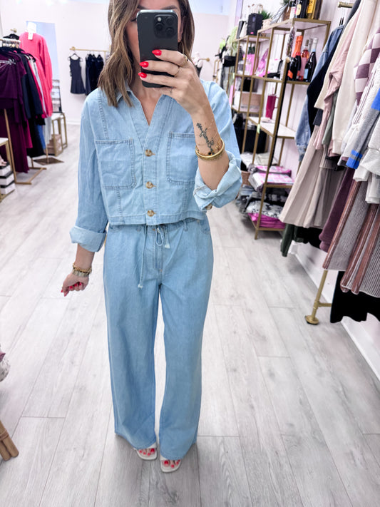 Chambray Washed Denim Tie Wide Leg Pants