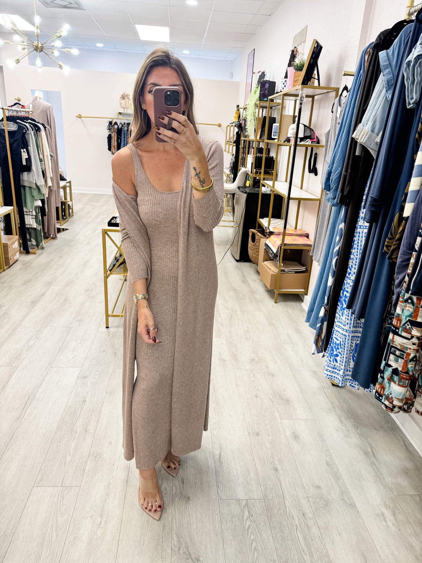 Taupe Ribbed Knit Dress & Cardigan SET