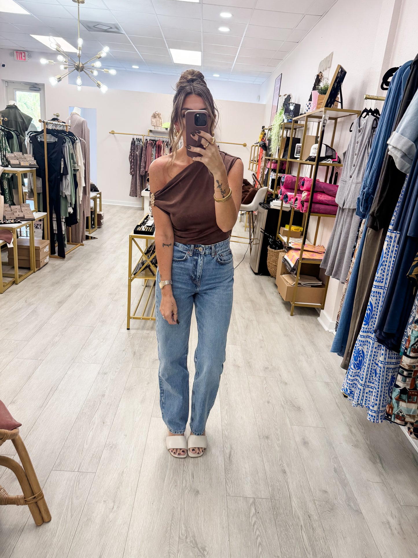 Brown One Shoulder Gold Trim Top