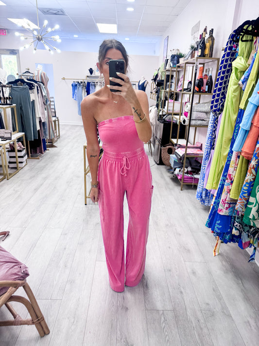 Pink Mineral Wash Strapless Wide-Leg Jumpsuit