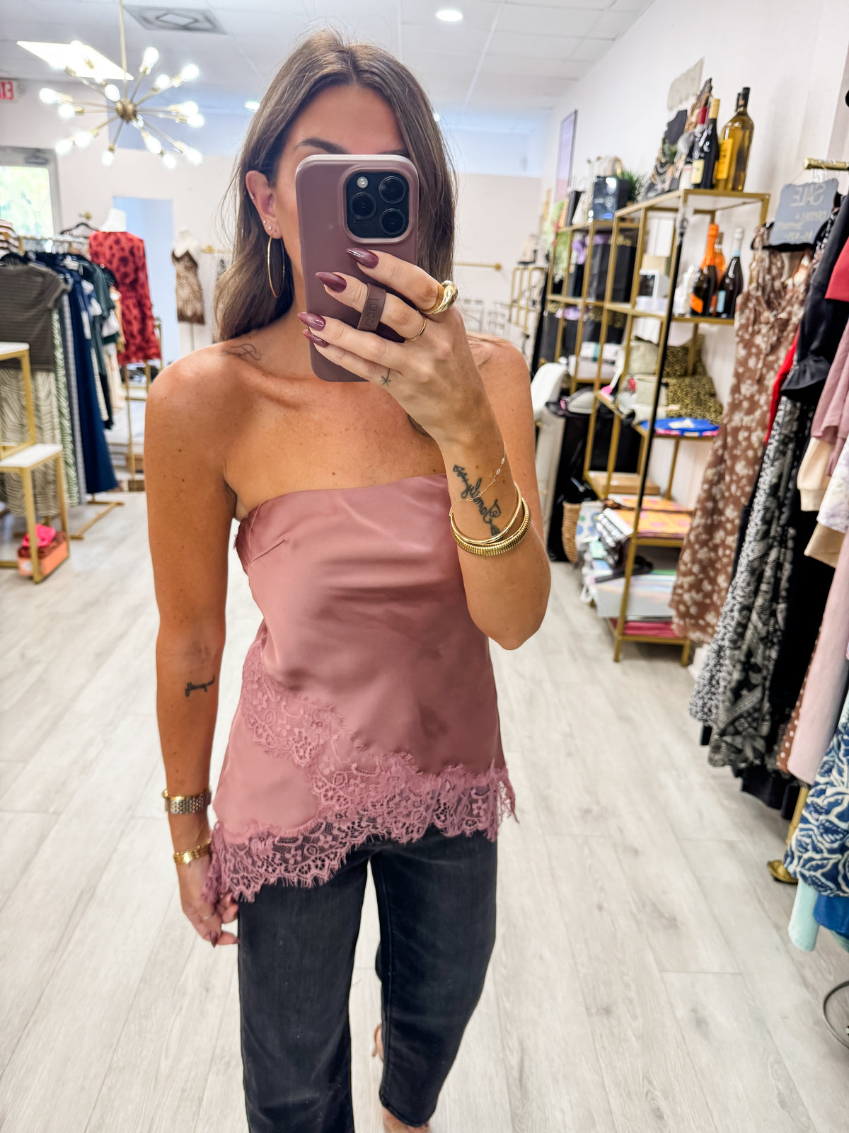 Rose Dawn Satin Asymmetrical Lace Hem Tube Top