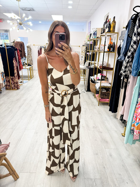 Abstract Print V Neck Bamboo Buckle Jumpsuit