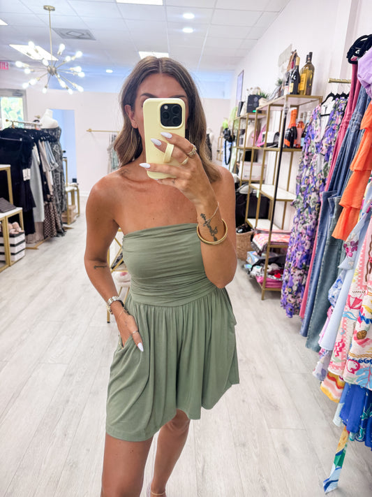 Olive Strapless Shirred Waist Romper