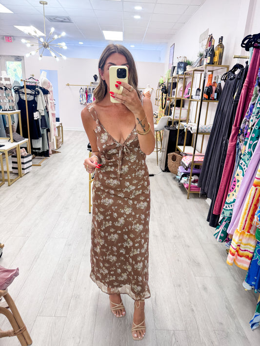 Brown Floral Ruffle Strap Midi Dress