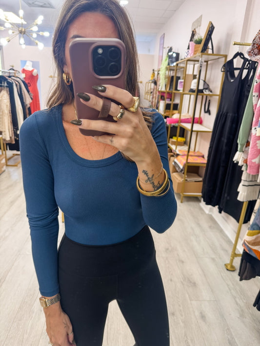 Navy Slim Fit Micro Ribbed Long Sleeve Top