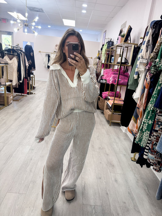 Two Tone Ribbed Sweater & Pants SET