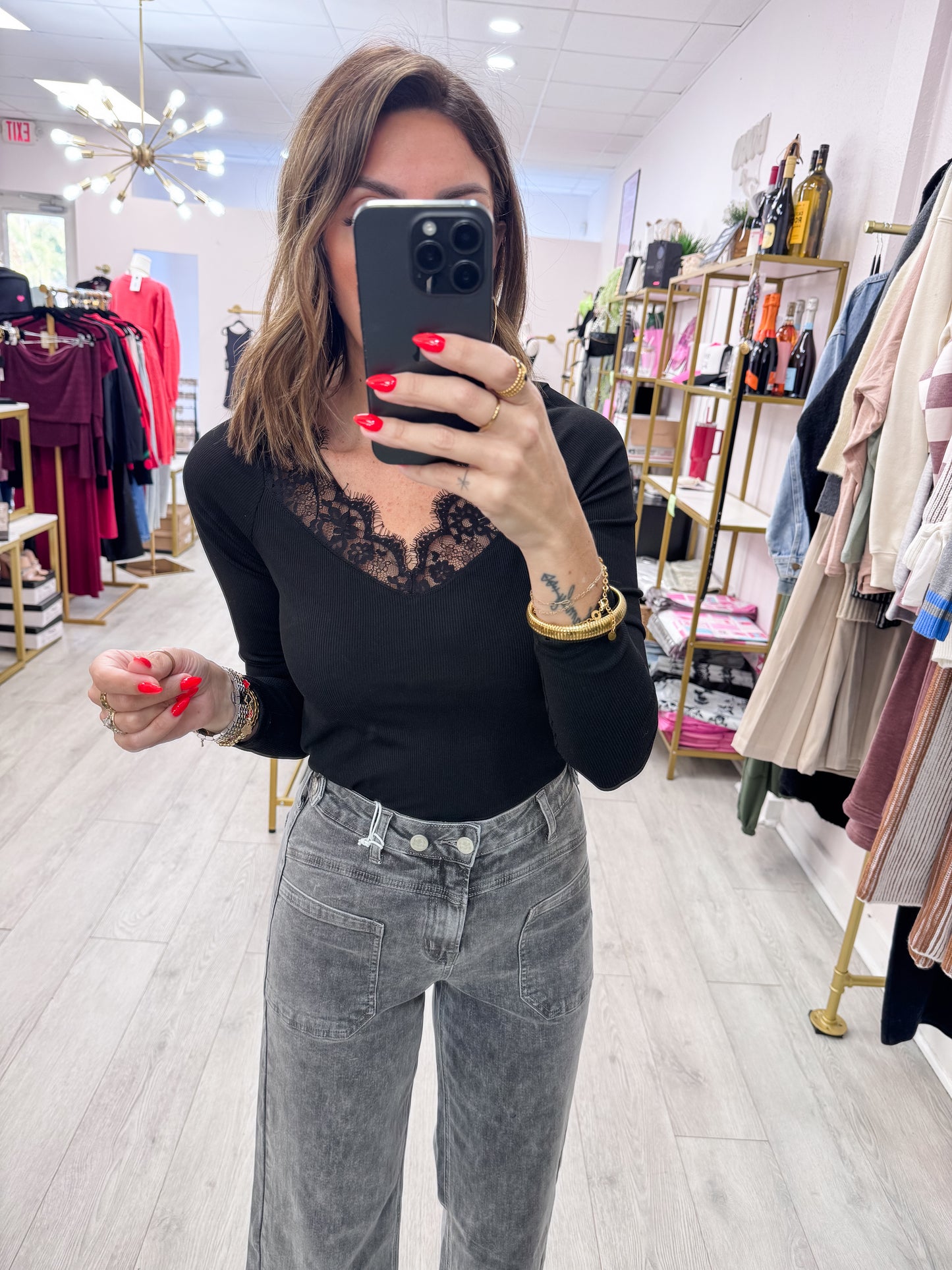 Black V-Neck Lace Trim Ribbed Knit Top