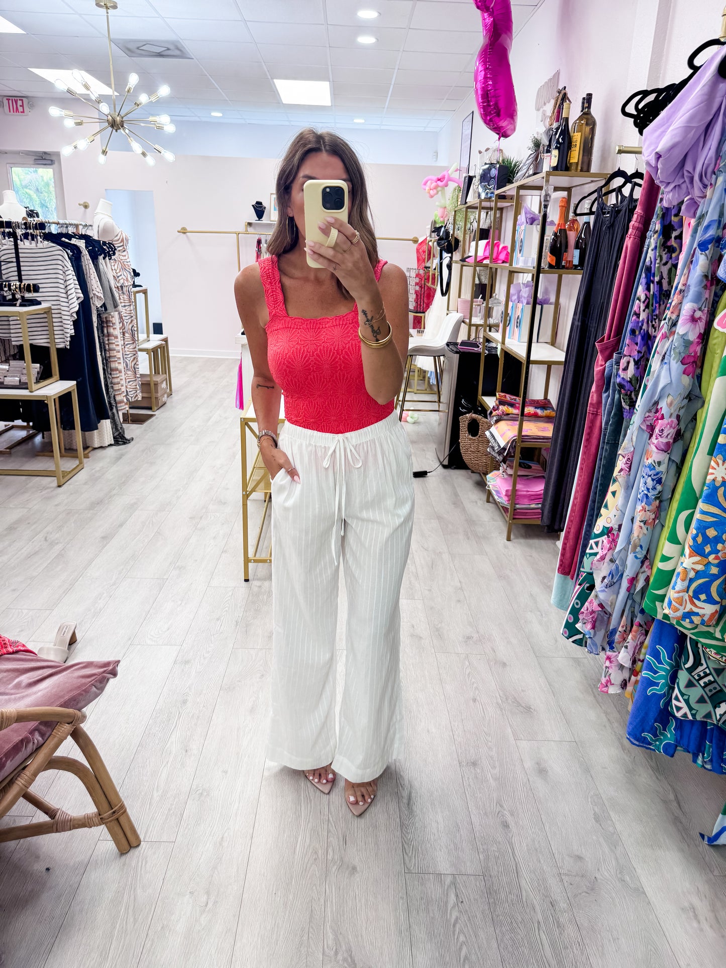 White Jacquard Drawstring Pants