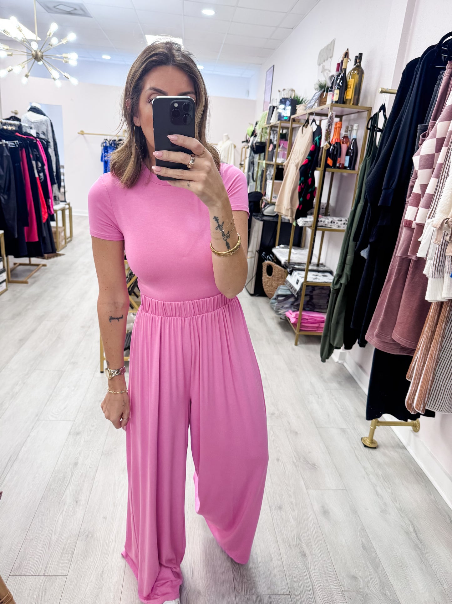 Pink Short Sleeve Top & Wide Leg Pants Set
