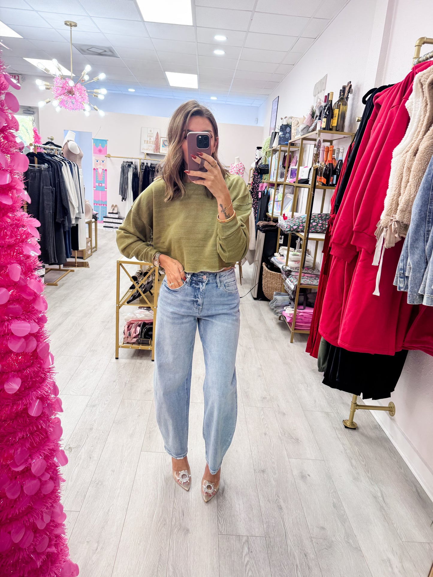 Olive Drop-Shoulder Cropped Top