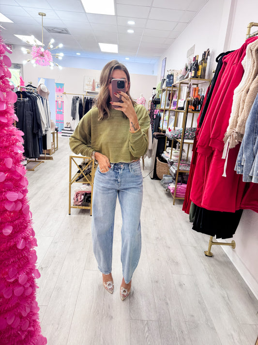 Olive Drop-Shoulder Cropped Top