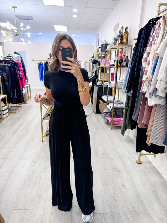Black Short Sleeve Top & Wide Leg Pants Set