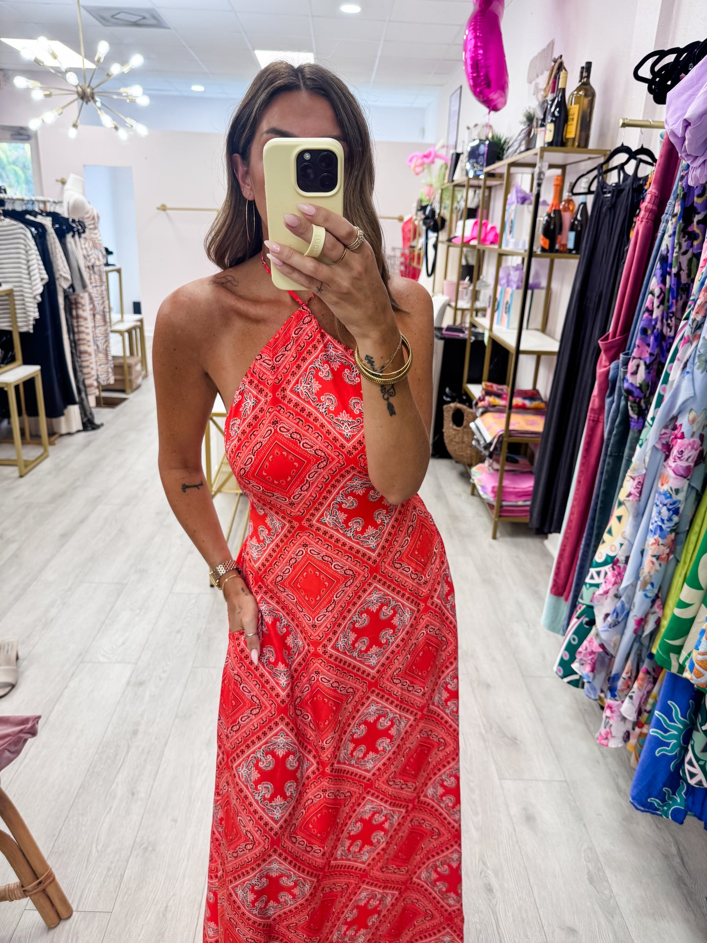 Red Bandana Print Halter Midi Dress