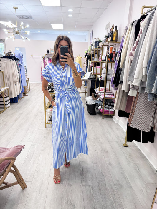 Blue Striped Poplin Belted Shirt Dress With Pockets